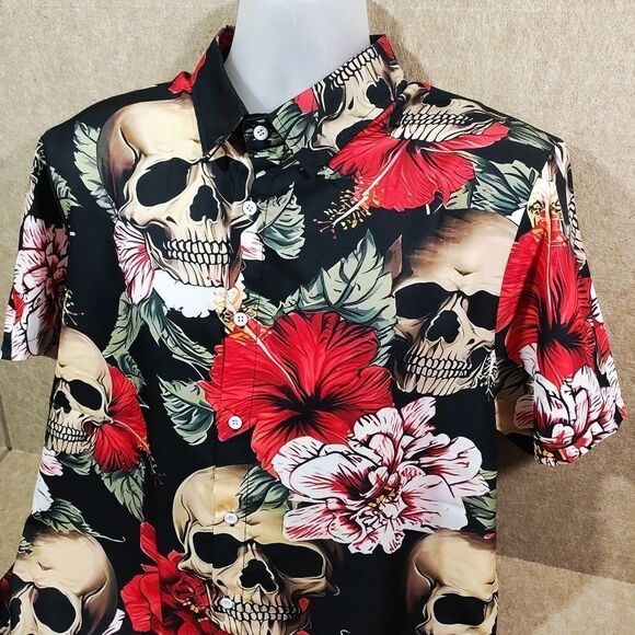 Vacation Skull Short Sleeve Button Down Shirt Mens Large #1 - Picture 1 of 5